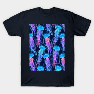 Luminescent Rainbow Jellyfish on Navy Blue T-Shirt